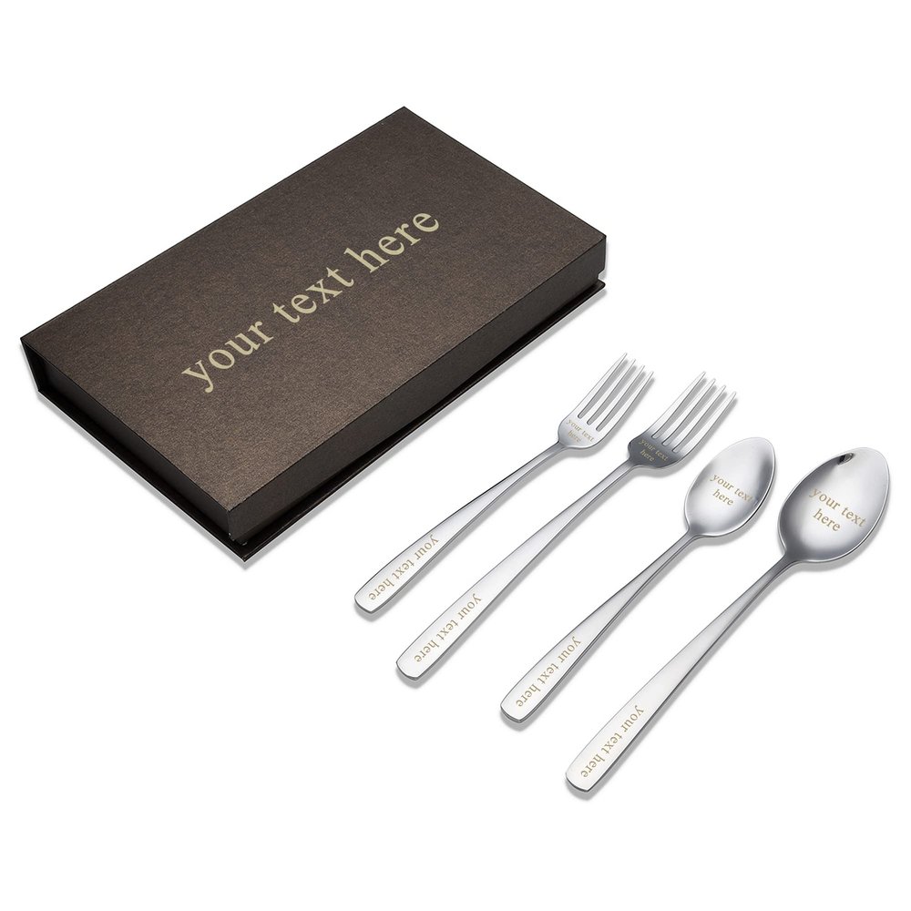 Personalized Engraved 304 Stainless Steel Fork and Spoon Set, 4-Piece Gift Box