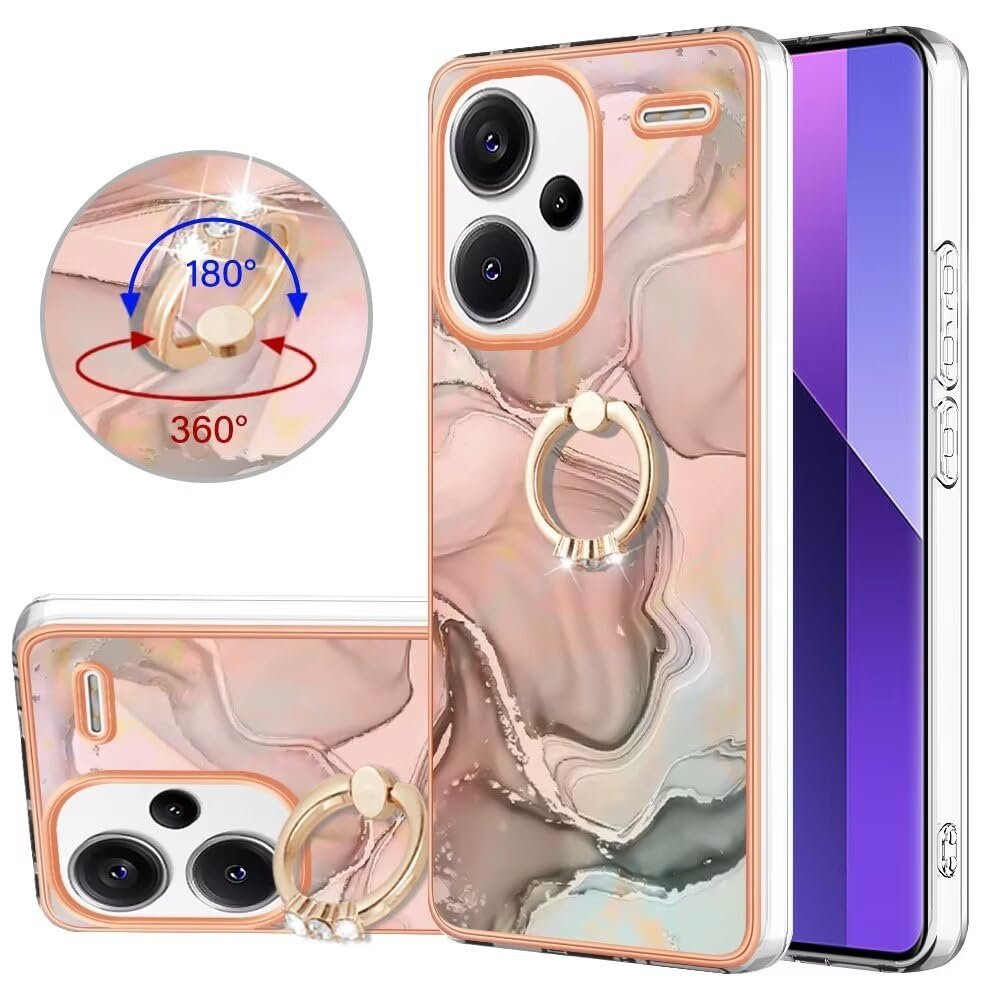 Beajew 360° Rotating Ring Case for Xiaomi Poco M6 Pro/Redmi Note 13 Pro 4G, Marble Glitter TPU, Slim Transparent Rose Gold