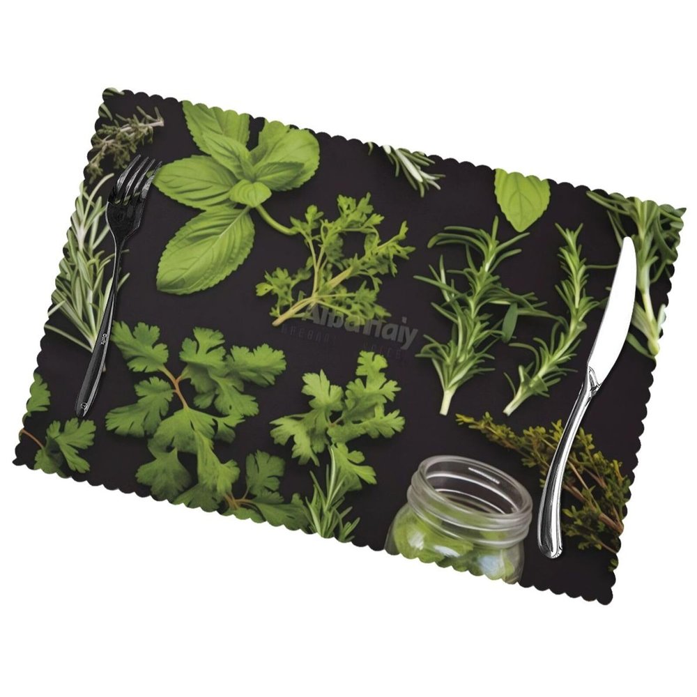 Placemats for Dining Table, Easy-Clean, Non-Slip, Heat-Insulating, Washable, Basil, Thyme, Dill and Rosemary, 30 x 45 cm, Set of 6