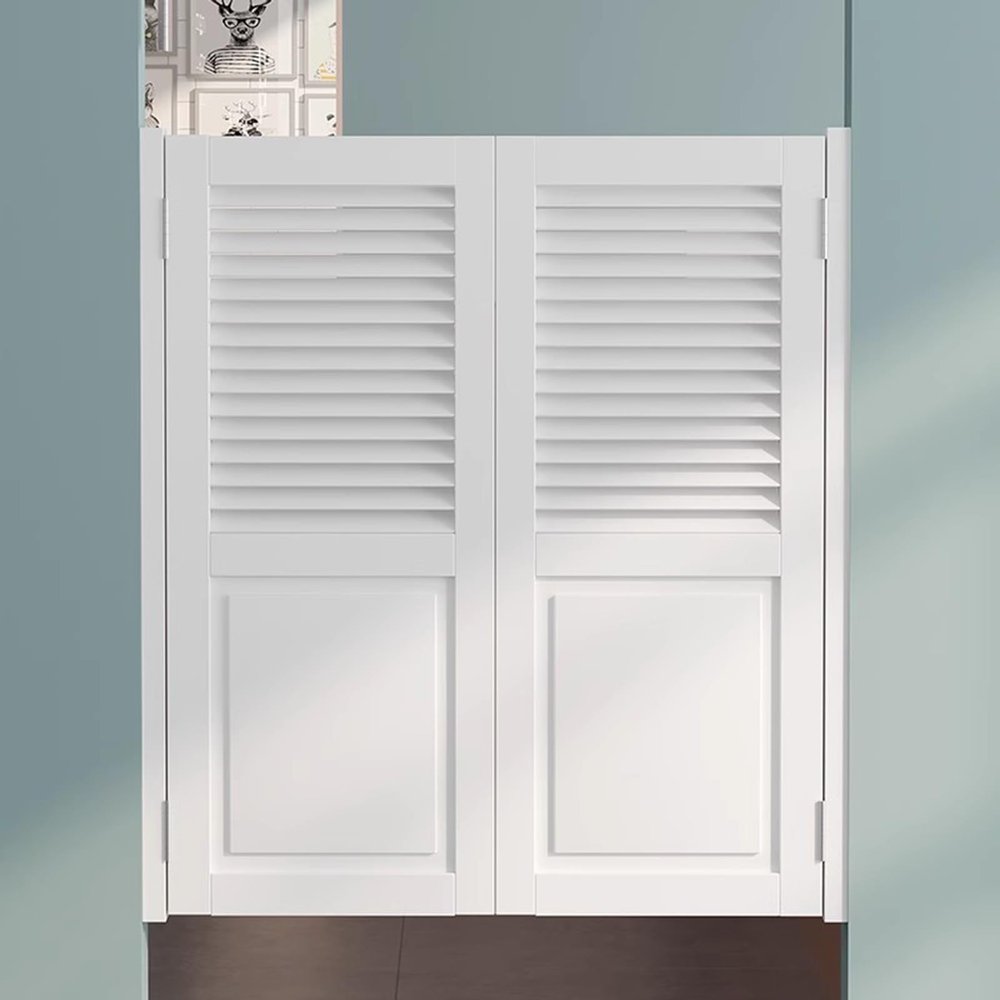 White Louvered Saloon Swing Doors with Stainless Steel Hinges, Self-Closing