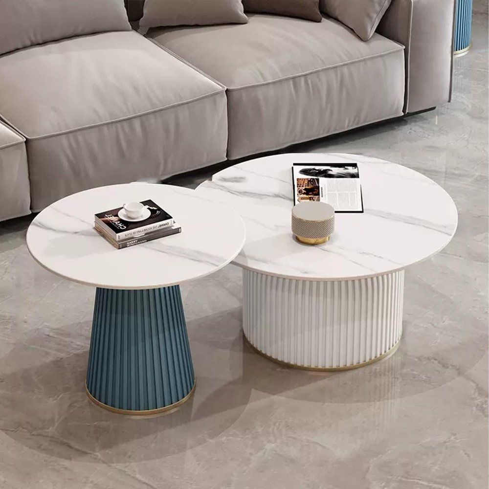 Marble-Pattern Coffee Table Set of 2, Modern Side Tables for Living Room, Bedroom, Balcony and Patio