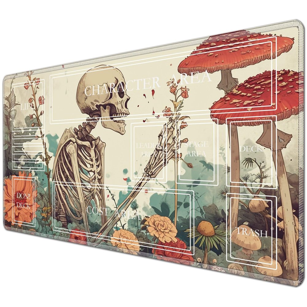 JANENFNA TCG Playmat with Magic Zones, 24 x 14 in, Smooth Rubber Surface, Skeleton Flowers