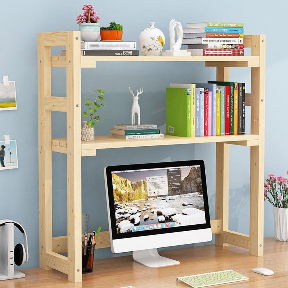 Desktop Bookshelf Organizer, Double-Layer Solid Wood, 100 × 30 × 90 cm