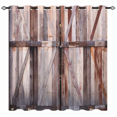 YUANZU Rustic Wood Barn Door Farmhouse Grommet Blackout Curtains, Cold-Protection Window Drapes, 2 Panels, H 137 x W 132 cm