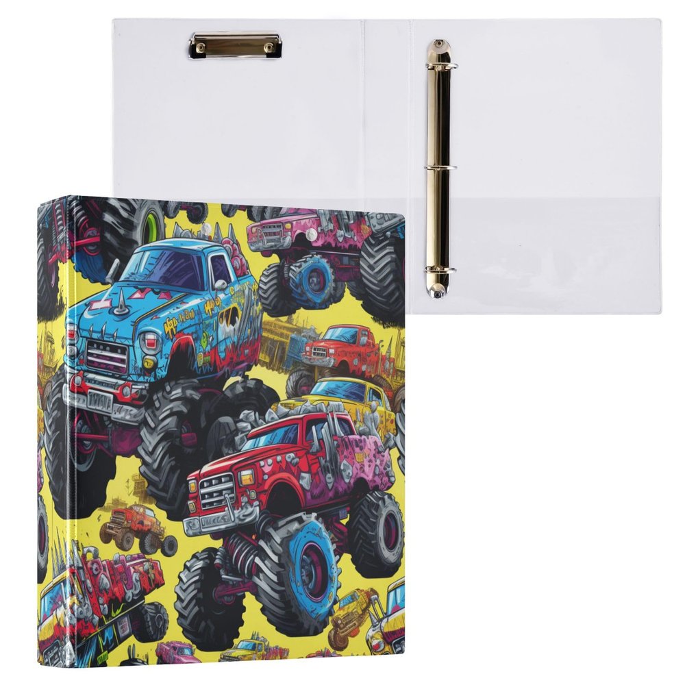 Cartoon Truck 3-Ring Binder with Clipboard and Pocket for Office and School