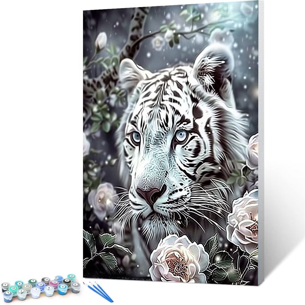 Tiger and Flower Paint by Numbers Kit, 30 x 40 cm, with Frame
