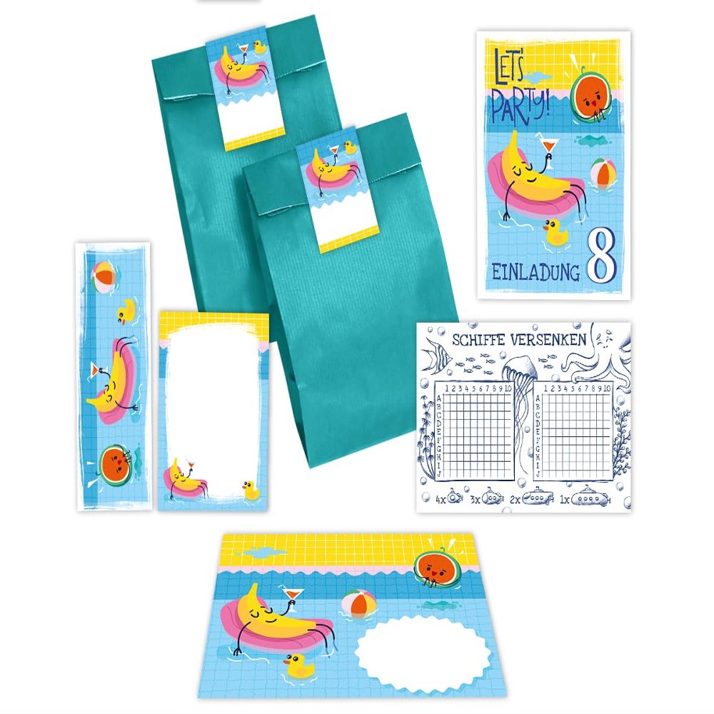 12 Pool Party Invitations for an 8th Birthday, with Envelopes and Party Favors