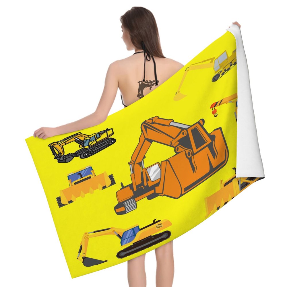 Microfiber Beach Towel, Excavator Cartoon, 63 x 31 in, 3D Printed Design, Soft, Lightweight, Quick-Drying, Sand-Free