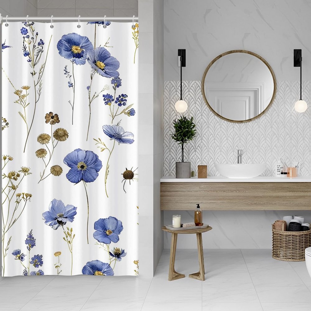 ASDCXZ Floral Shower Curtain 120 x 180 cm, Spring Watercolor Blue Flowers and Plants, White, Washable Polyester, Waterproof, Narrow, with 8 Hooks