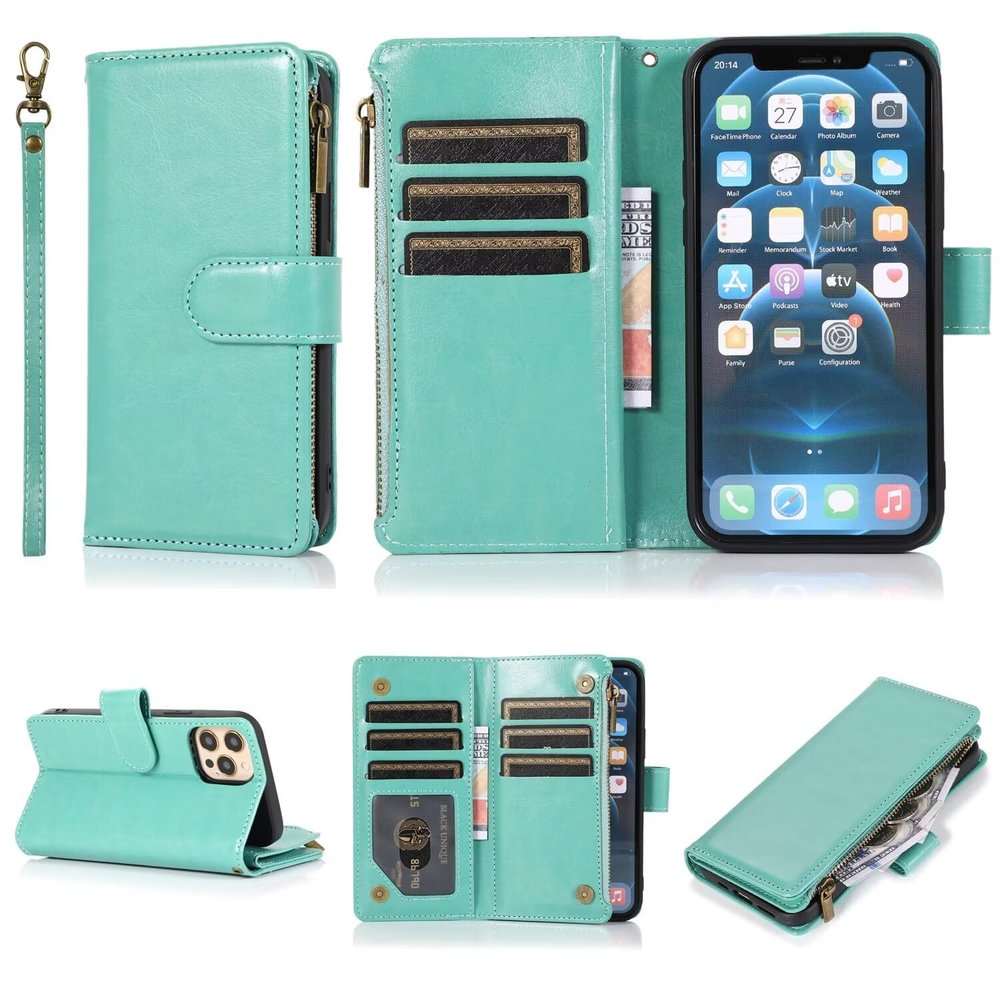 Beajew Flip Case for Huawei Mate 30 Pro, Leather Wallet Cover with Card Slots, RFID Zipper, Green