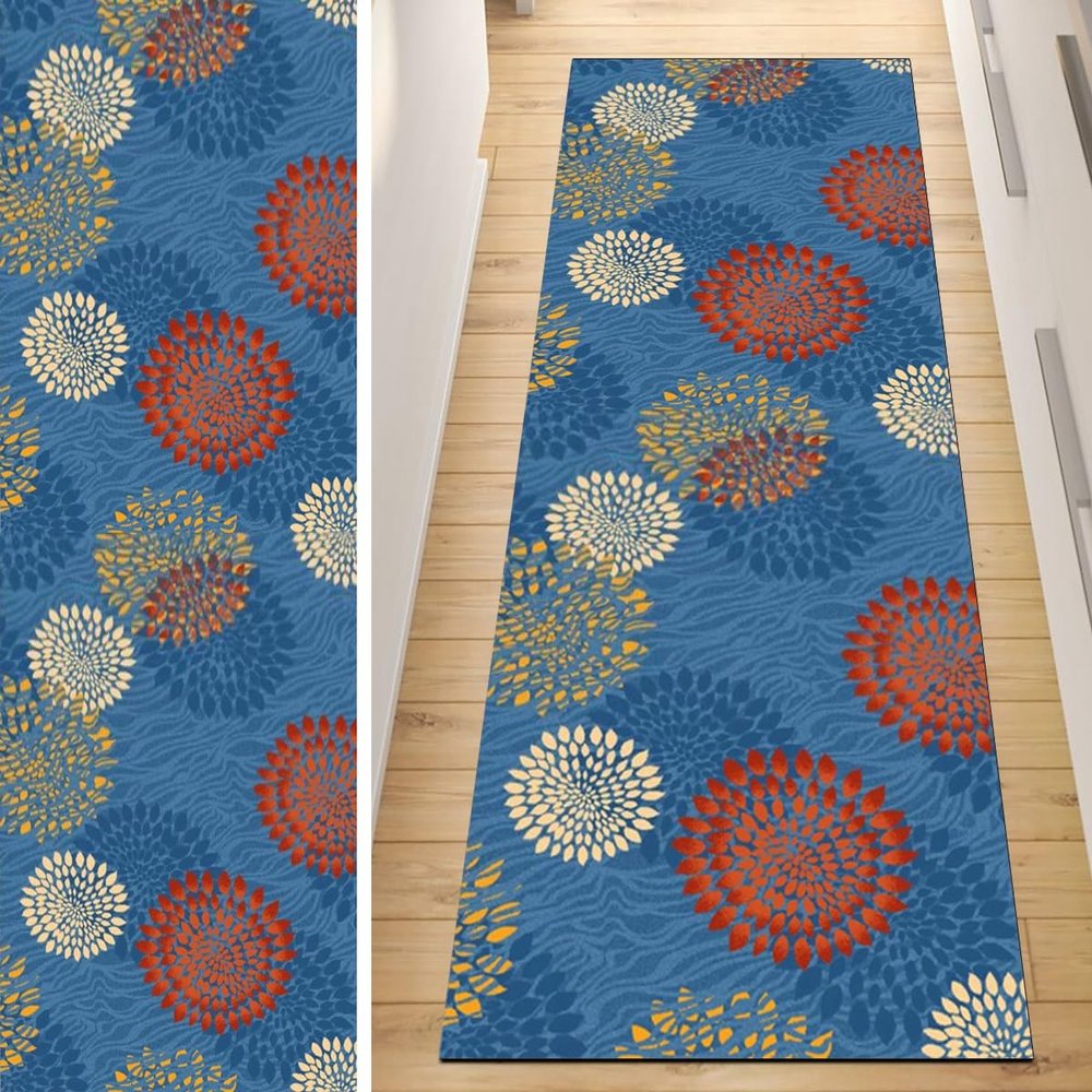 QQrunner Blue Vintage Kitchen Runner Rug, Non-Slip, 50 x 450 cm