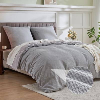 Simple&Opulence Cotton Duvet Cover Set, 200 x 200 cm, 3-Piece, Waffle Pattern, Light Gray