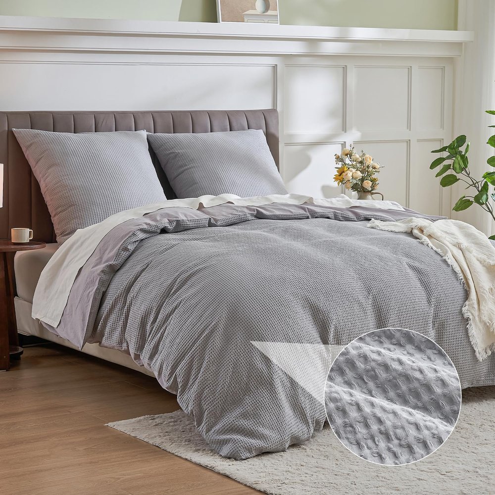 Simple&Opulence Cotton Duvet Cover Set, 200 x 200 cm, 3-Piece, Waffle Pattern, Light Gray