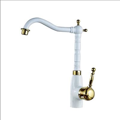 Kitchen Sink Faucet, White and Gold, Single-Handle, 360° Rotating