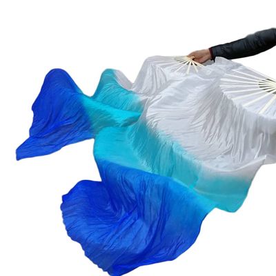ZoRHac Long Silk Dance Fan with Color Gradient for Belly Dance, 150 cm, White Blue Left