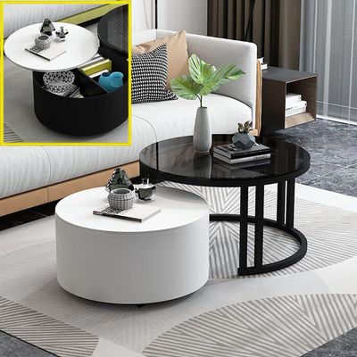 2-Piece Nesting Round Coffee Table Set with Storage, Glass Top, Black Legs