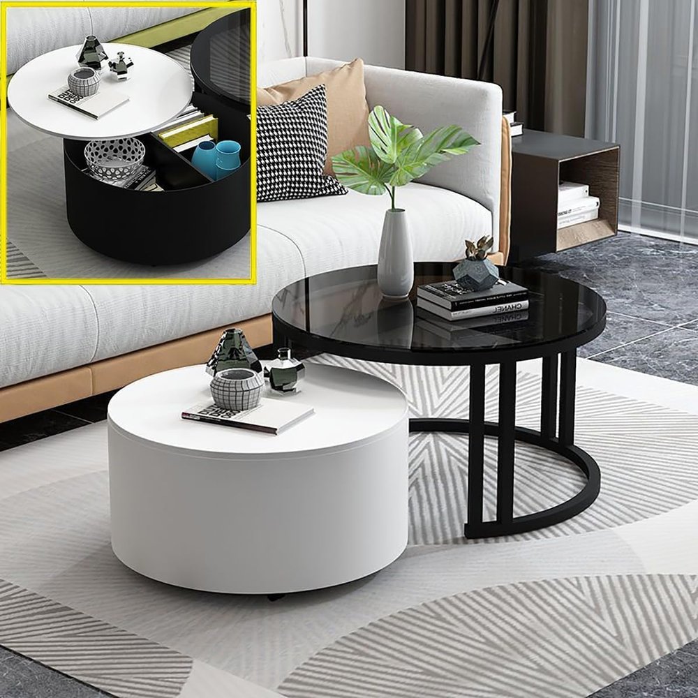 2-Piece Nesting Round Coffee Table Set with Storage, Glass Top, Black Legs