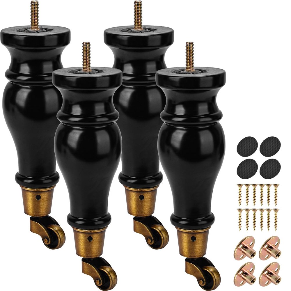 La Vane 22 cm Solid Wood Furniture Legs with Casters, M8 Bolts, 4-Pack, Black
