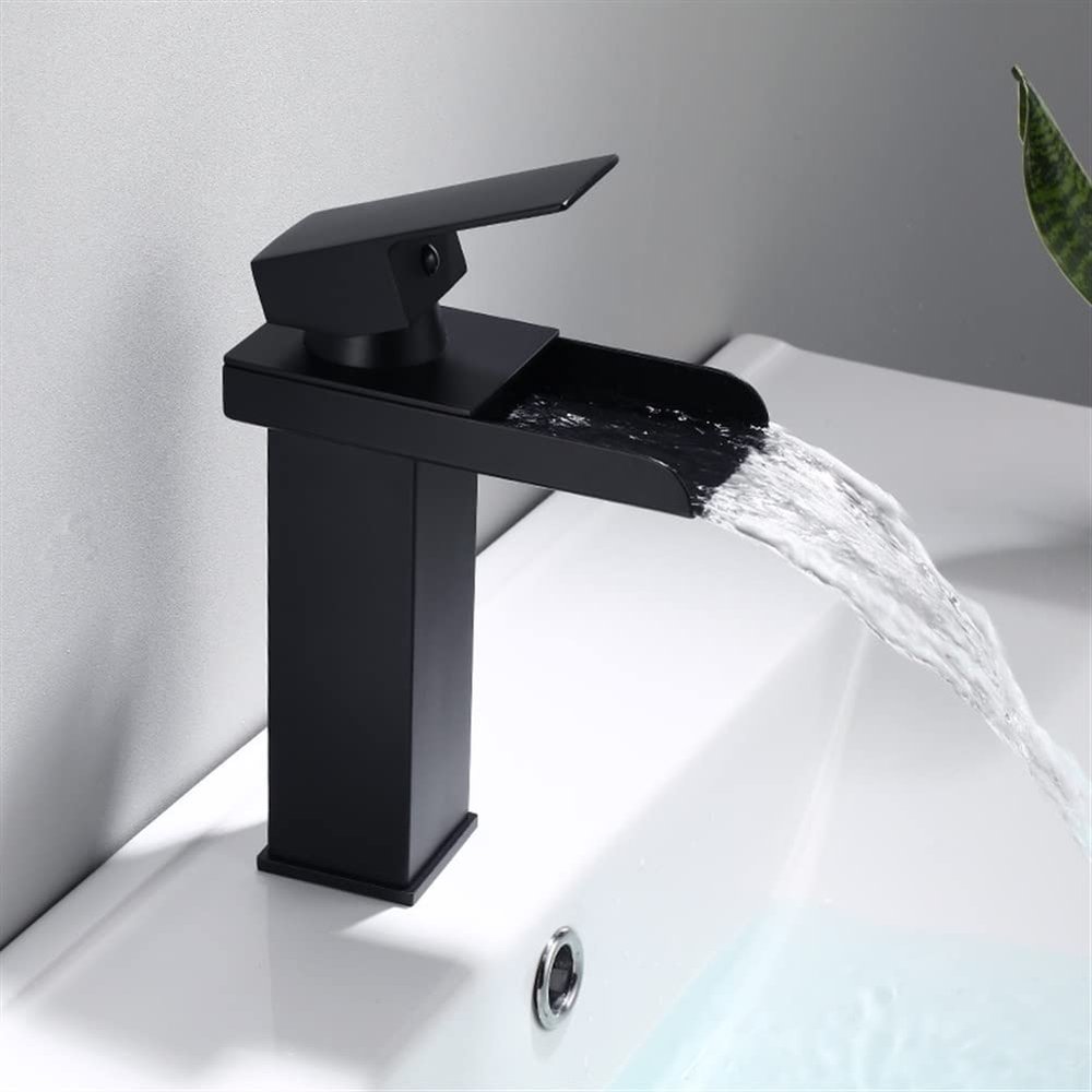 Black and Gold Waterfall Bathroom Sink Faucet, Brass Mixer Tap