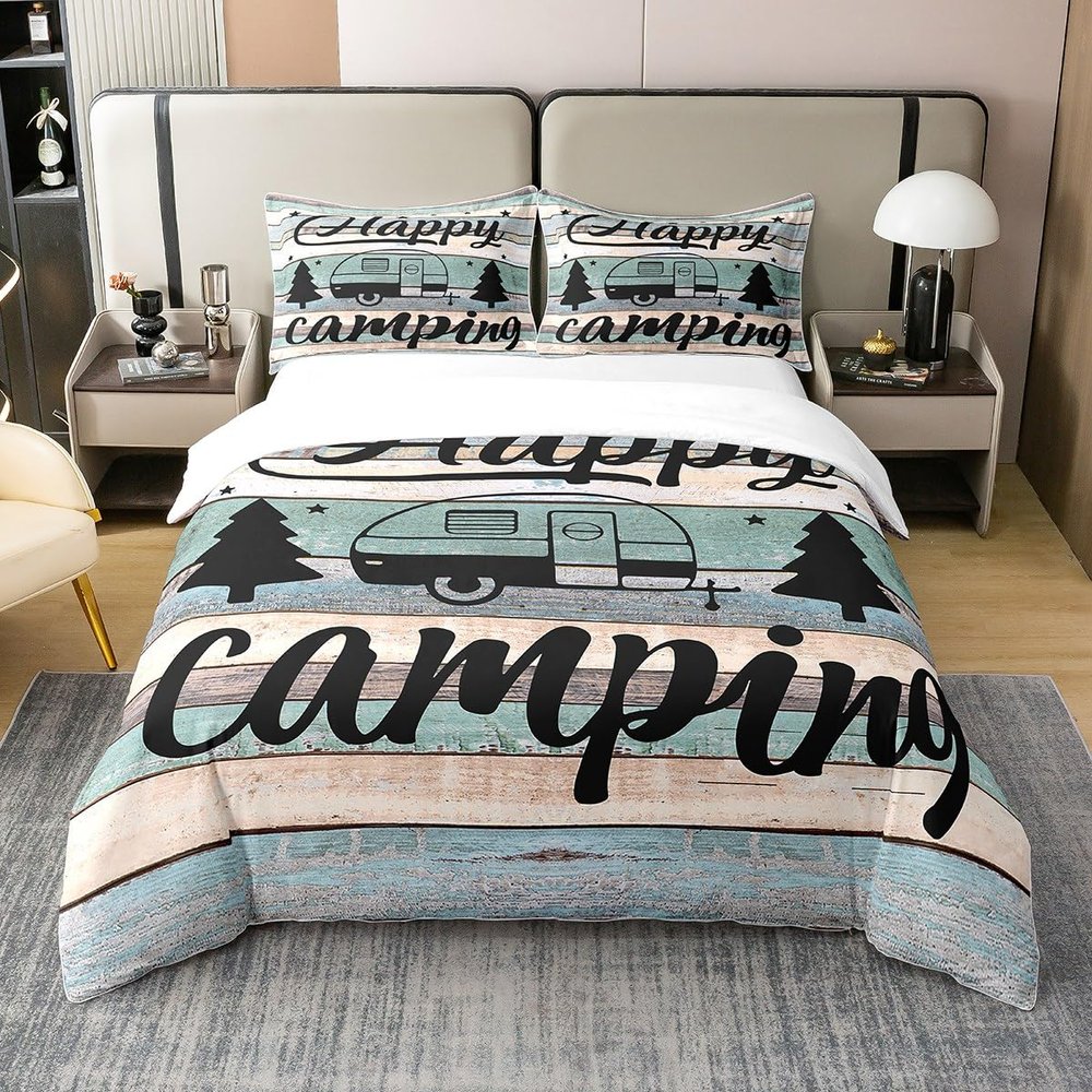 Loussiesd Happy Camping Duvet Cover Set, 155 x 220 cm, 100% Cotton, Teal Blue Vintage Wood Design