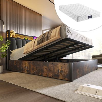 Upholstered Bed 55 x 79 in with Storage, LED Headboard, USB Charging and Mattress, Dark Gray