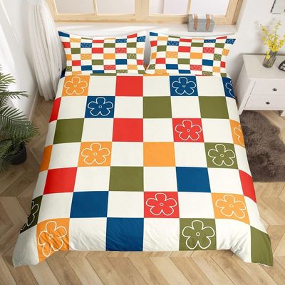 Bedding 135x200 Flower - Colorful Plaid Duvet Cover Set, Reversible, with 80x80 Pillowcases