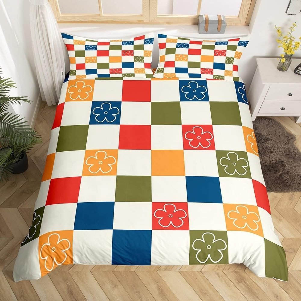 Bedding 135x200 Flower - Colorful Plaid Duvet Cover Set, Reversible, with 80x80 Pillowcases