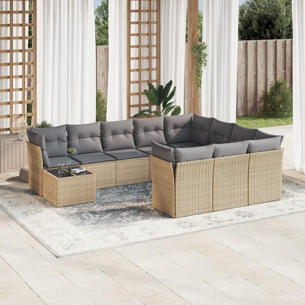 BaraSh 11-Piece Garden Sofa Set with Cushions, Beige Poly Rattan - 3218259