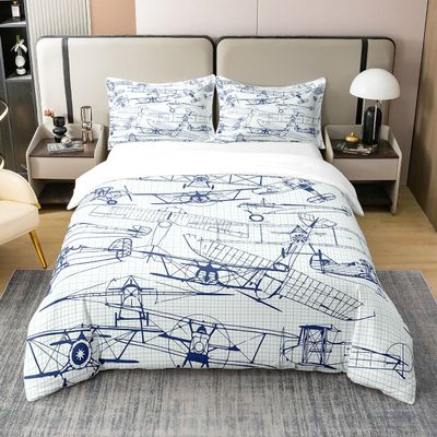 Loussiesd 100% Cotton Airplane Bedding Set, 135 x 200 cm, Blue and White