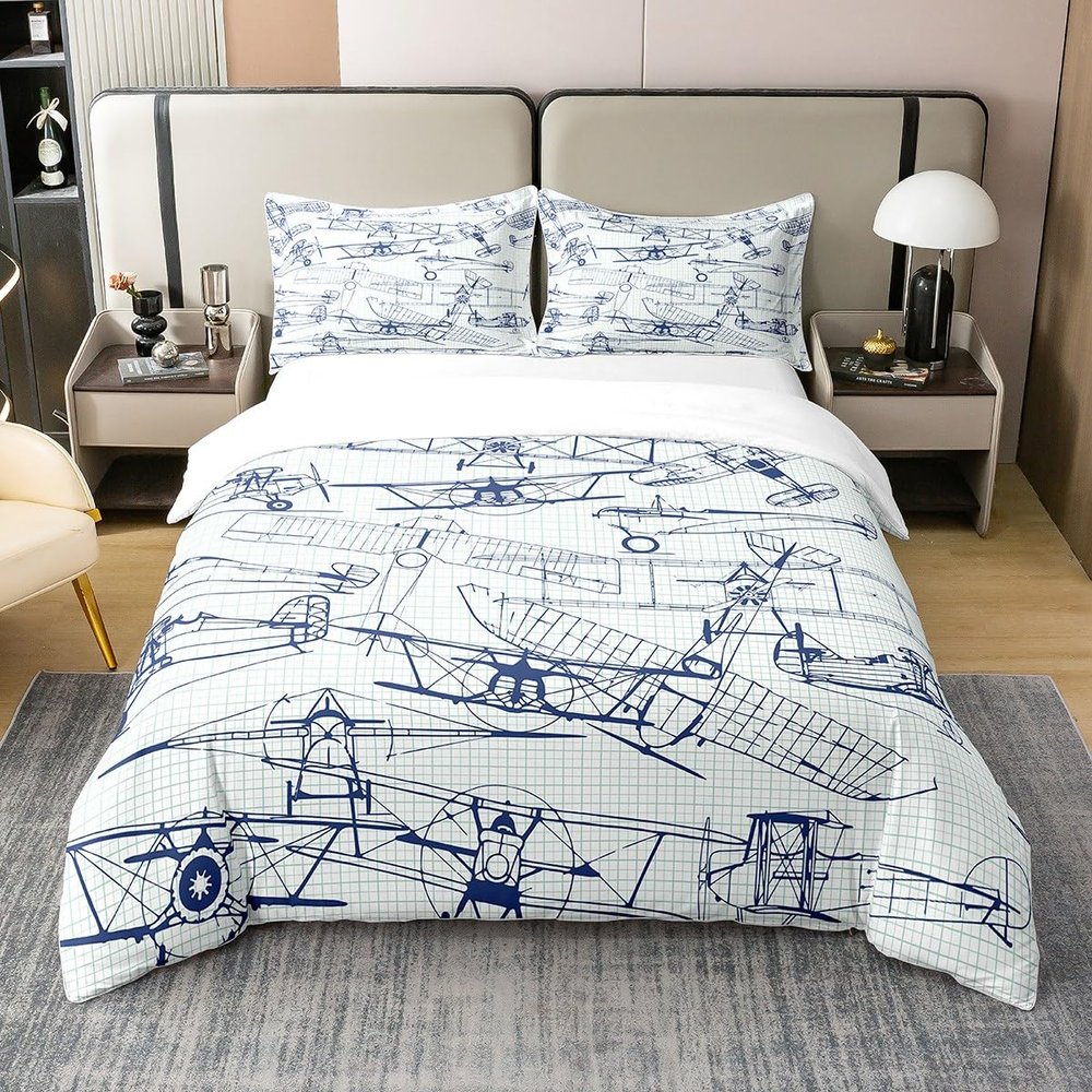 Loussiesd 100% Cotton Airplane Bedding Set, 135 x 200 cm, Blue and White