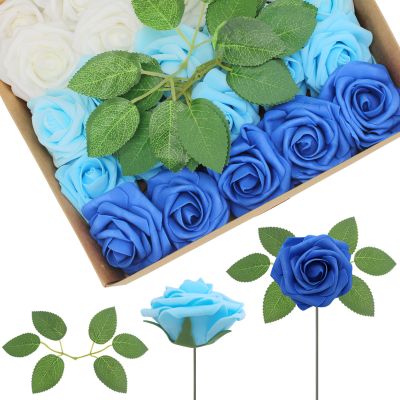 WANTMAZOR Artificial Flowers, White Roses, Realistic Foam Roses with Leaves for DIY Wedding Bouquets, Bridal Showers, Table Centerpieces and Party Decorations (Blue Series, 100)