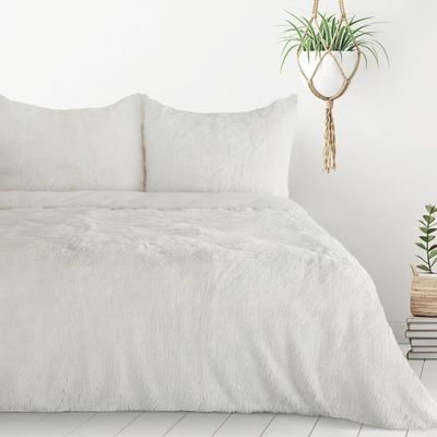 Design91 Fluffy Faux Fur-Look Bedding Set, Cream, 220 x 200 cm