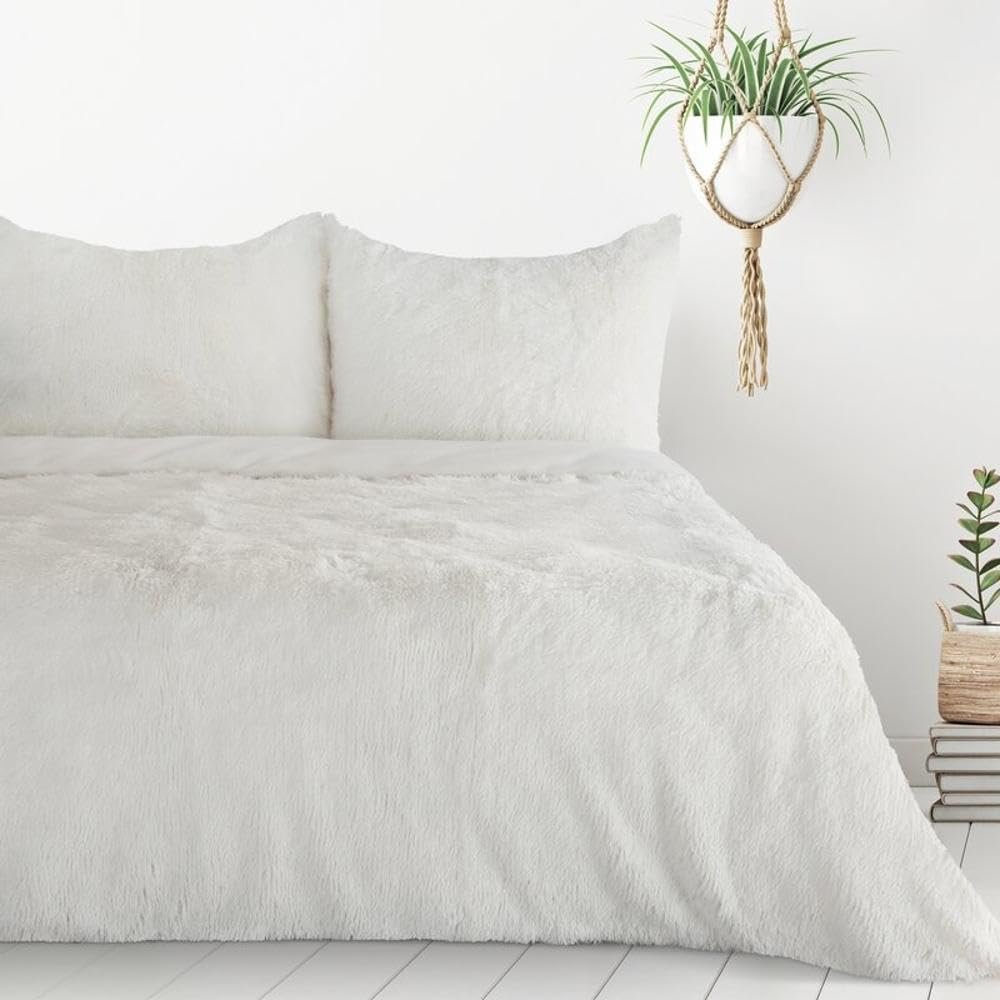 Design91 Fluffy Faux Fur-Look Bedding Set, Cream, 220 x 200 cm