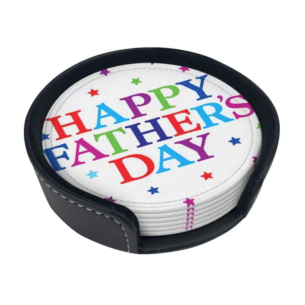 Drink Coasters with Holder, Set of 6, 4 in, Stars and Happy Father's Day Print