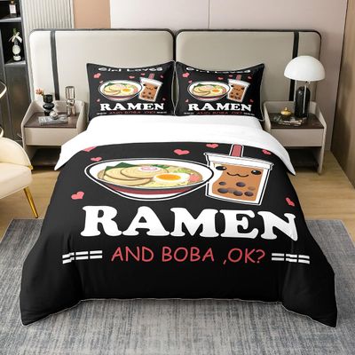 Loussiesd 100% Cotton Anime Duvet Cover Set, 155 x 220 cm, Noodles and Bubble Tea Design