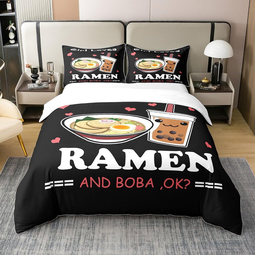 Loussiesd 100% Cotton Anime Duvet Cover Set, 155 x 220 cm, Noodles and Bubble Tea Design