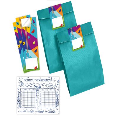 Minkocards 6 Battleship Games, 6 Teal Gift Bags and 6 Climbing/Bouldering Stickers