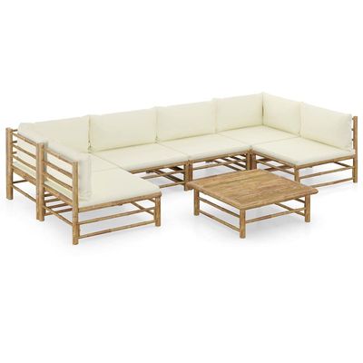 7-Piece Bamboo Garden Lounge Set with Cream-White Cushions