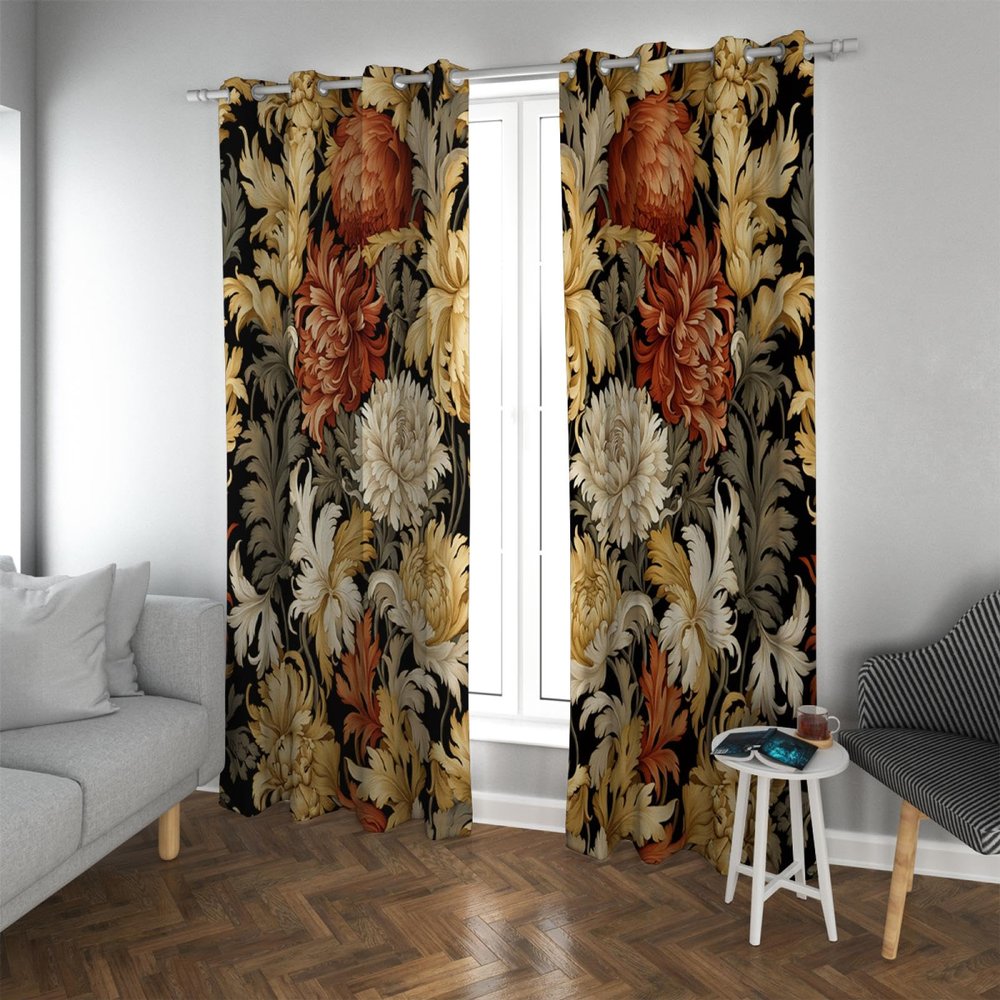 TOANGWALL William Morris-Style Blackout Curtains, Dark Chrysanthemum Pattern, 2 Panels, 140 x 175 cm