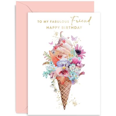 Happy Birthday Ice Cream Greeting Card for a Special Friend – Pastel Floral Design, Blank Inside