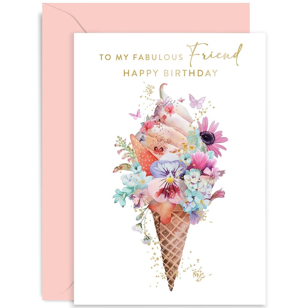 Happy Birthday Ice Cream Greeting Card for a Special Friend – Pastel Floral Design, Blank Inside