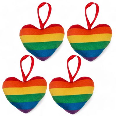 MIJOMA Rainbow-Colored Mini Plush Heart, Pride Charm, 4-Pack, 10 cm, 100% Polyester, Bag & Backpack Accessory, Car Decoration