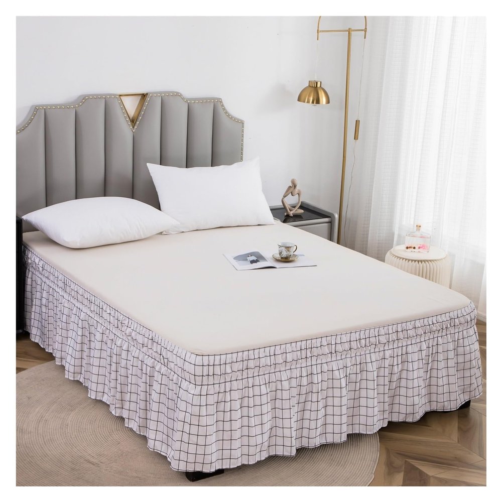 Bed Skirt with Elastic Green Solid-Color Single-Bed Sheet and Ruffles (Color: P1, Size: XXL)
