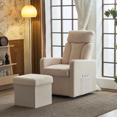WMDMJT Teddy Plush Lounge Chair with Footrest, 360° Swivel Base, Cream-Colored/White, One Size