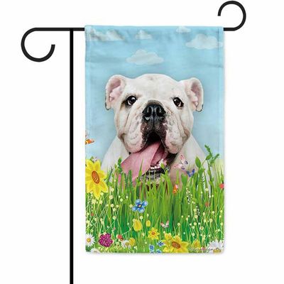 Hello Spring Floral White Bulldog Garden Flag, Double-Sided, 12.5 x 18 Inches