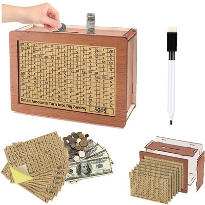 Cash Savings Box, Wooden Money-Saving Box with Savings Goal and Number Tracker for Adults and Children, Light Brown, $500