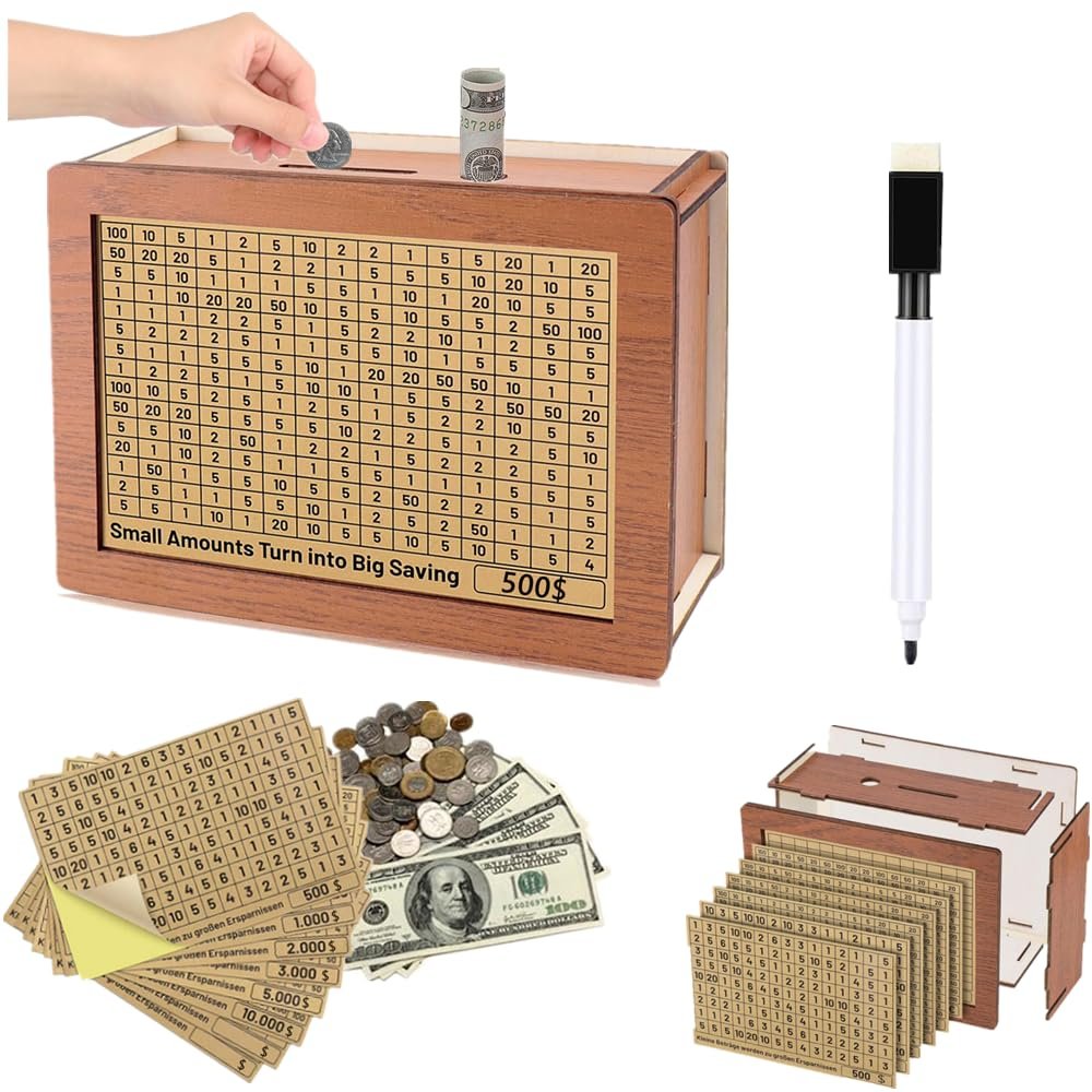 Cash Savings Box, Wooden Money-Saving Box with Savings Goal and Number Tracker for Adults and Children, Light Brown, $500