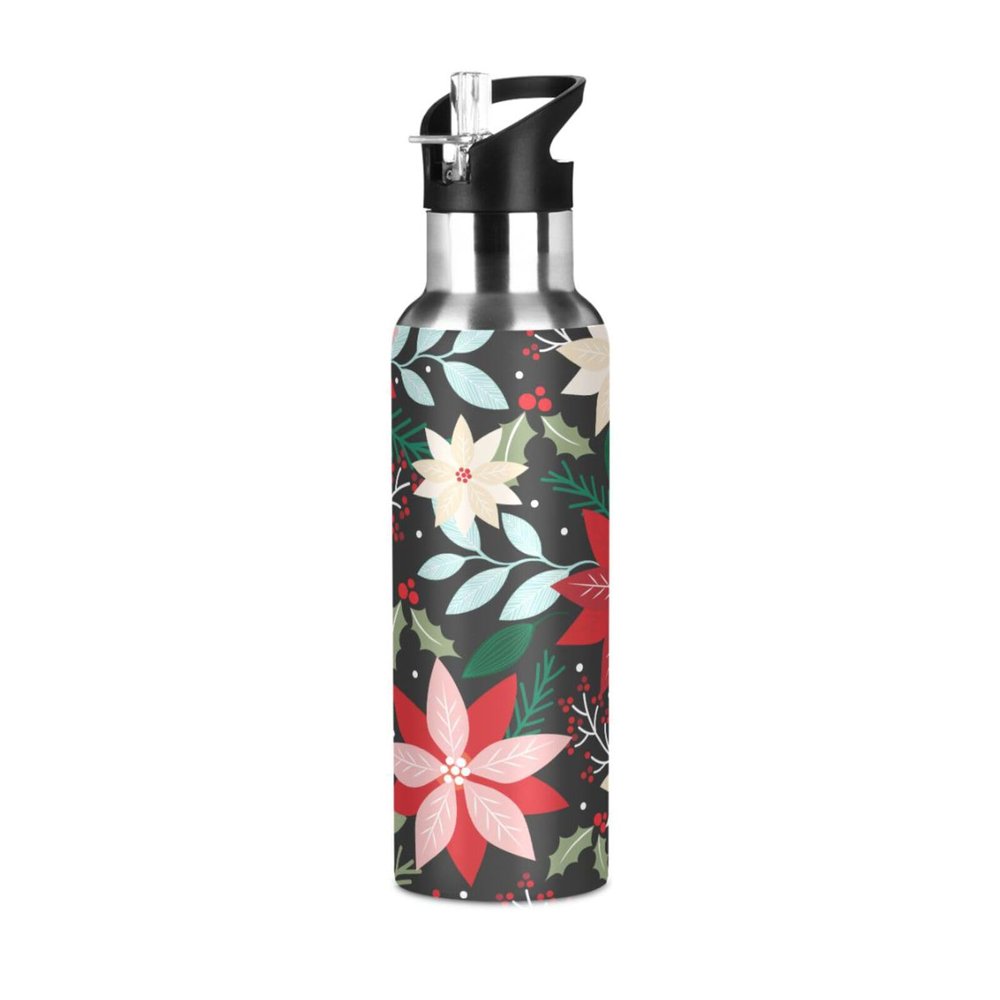 Stainless Steel Insulated Water Bottle with Floral Design and Straw Lid