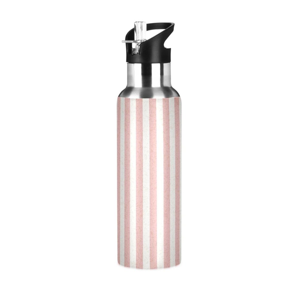 Ksajwzf Insulated Stainless Steel Water Bottle for Kids, Sports, with Straw Lid, Striped, Leakproof, Pink, 590 mL