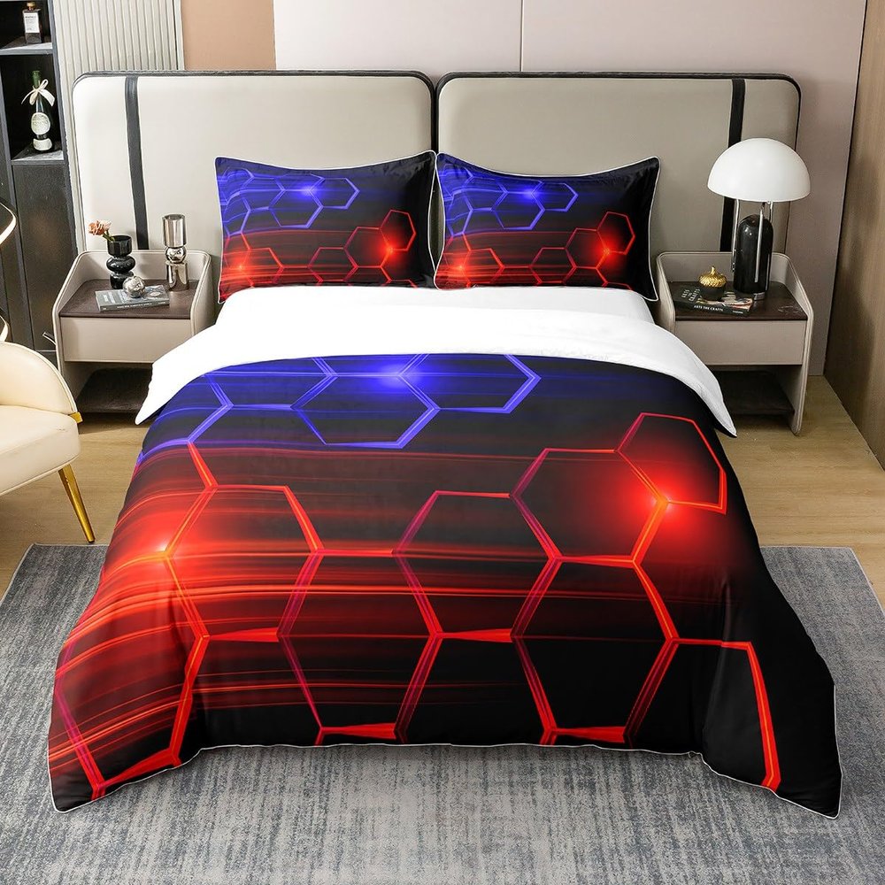 Loussiesd Honeycomb Duvet Cover Set, 155 x 220 cm, Red and Blue Ombre, 100% Cotton, 2-Piece